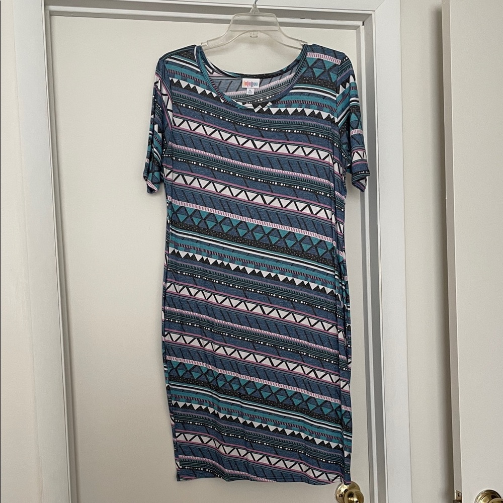LuLaRoe Geometric Blue and Pink Mini Dress
